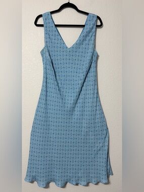 Beautiful Silk Geometric Sleeveless Double V Midi Dress in Turquoise Blue 16W